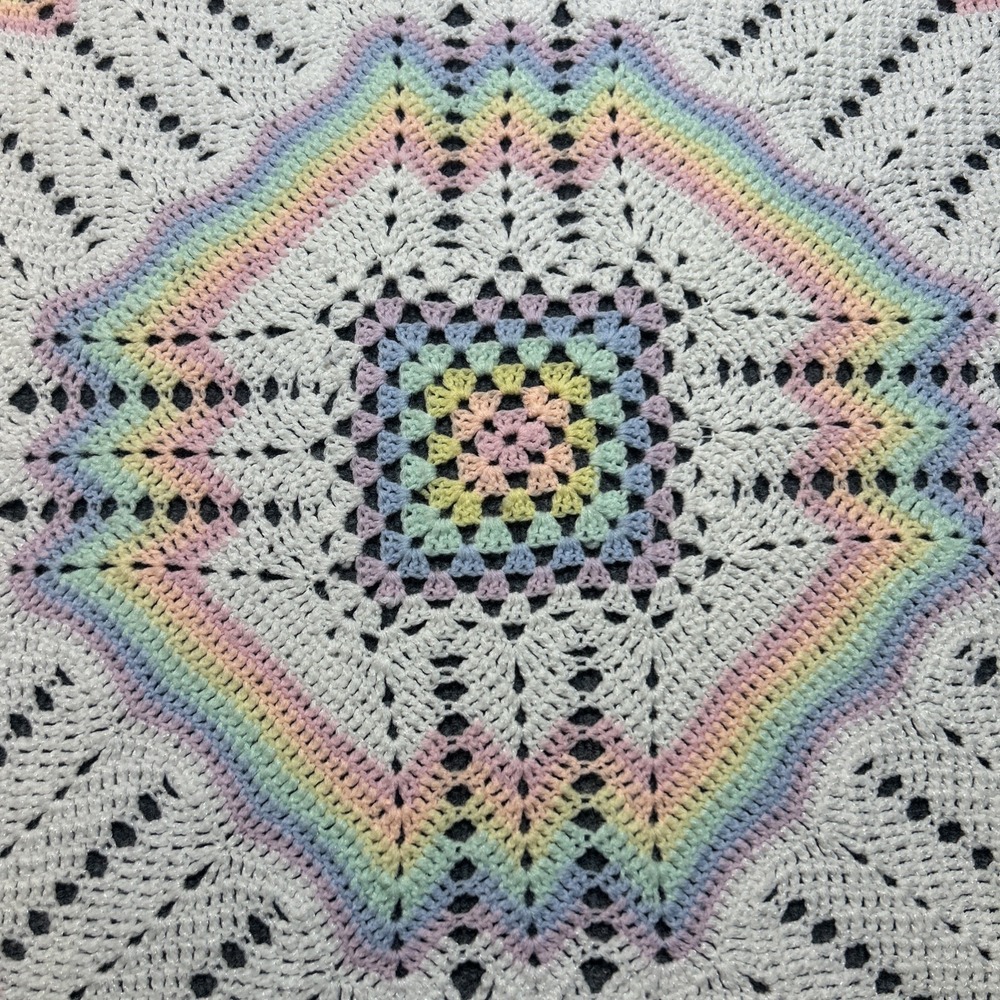 Vtg 80s Pastel Rainbow Crochet Baby Blanket Afghan Geometric Grandmacore 30x30 - Picture 2 of 6